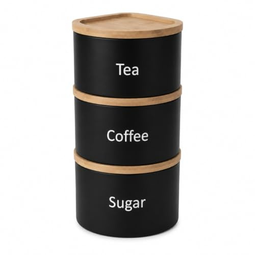 EHC Tea Coffee Sugar Canister Set, Set of 3 Stackable Kitchen Canisters Sets, Airtight Jars Easy Open Corner Space Saving Design, Black