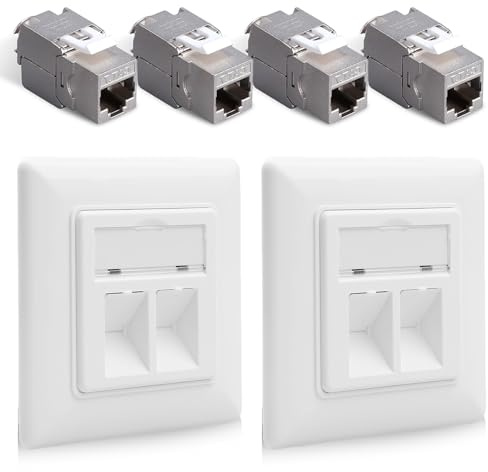 GOEDCH 2 x 2-Port CAT 7 Netzwerkdose Unterputz: 4 x CAT 7 Keystone RJ45 Modul, Unterputzdose Ethernet LAN Dose Anschlussdose, RJ45 Ethernet Datendose, DSL Netzwerk Patchkabel Verlegekabel