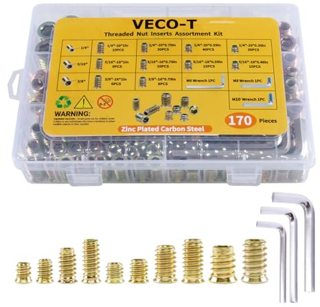 170 PCS Threaded Inserts for Wood Assortment Kit - 10 Sizes (1/4-20, 5/16-18, 3/8-16) with M6/M8/M10 Hex Wrenches - Steel Inserts for Furniture Screws, Wood Furniture & Cabinet