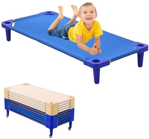 RVUEM Kinderbetten, Stapelbares Kinderbett FüR Vorschulkinder, Tragbare Kinderbetten FüR Den Mittagsschlaf, KindermöBel, Montagefertig, FüR Den Kindergarten,Blau,10PCS 138cm