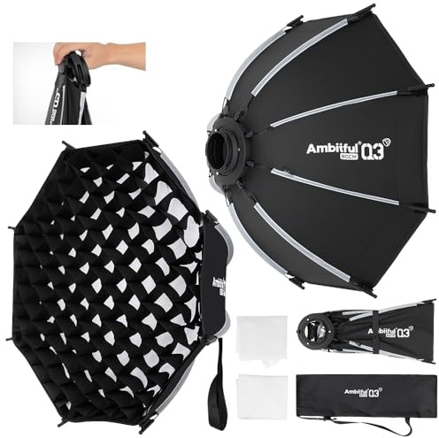 Ambitful Q3 Softbox octogonal de liberación rápida con rejilla, 23.6 pulgadas 60 cm, modificador de luz de fotografía plegable de un solo toque para Godox ML60 ML100 AD300Pro, iluminación de estudio