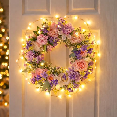 Türkranz Frühling Beleuchtet, 40CM Frühlingskranz Haustür mit Lichterkette Künstliche Blumenkranz mit LED Licht Frühlingsdeko Kranz zum Aufhängen Türkranz Ostern mit Beleuchtung Wandkranz (B)