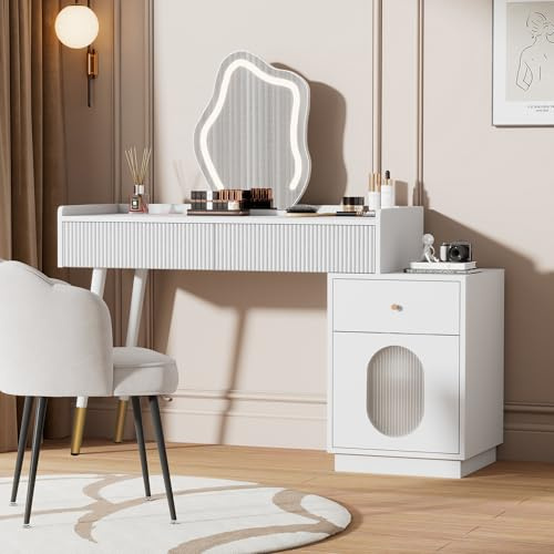 Tocador Con Particle Board, Con Espejo LED Y Iluminación Ajustable, 3 Cajones Y 1 Puerta, Almacenamiento Para Dormitorio Y Belleza, Blanco, 100Lx40Bx75Hcm (Sin Taburete)