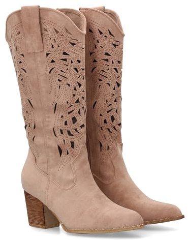 shoes&blues.es 99858 Bota Alta Estilo Cowboy para Mujer con Diseno Calado Decorativo, El Acabado Troquelado Permite Mayor transpirabilidad, Ideal para la Temporada Primavera Verano. Rosa Talla 38