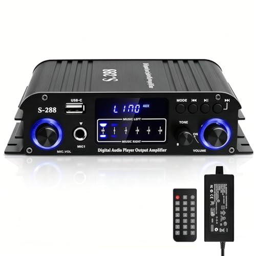 4 Channel Bluetooth 5.0 Stereo Amplifier, 50Wx4 HiFi Power Amp, Home Audio Stereo Receiver, 1200W Max, USB/SD/FM Radio, Class D HiFi Power Amp for Home Theater, Car & Karaoke, with Remote & Adapter