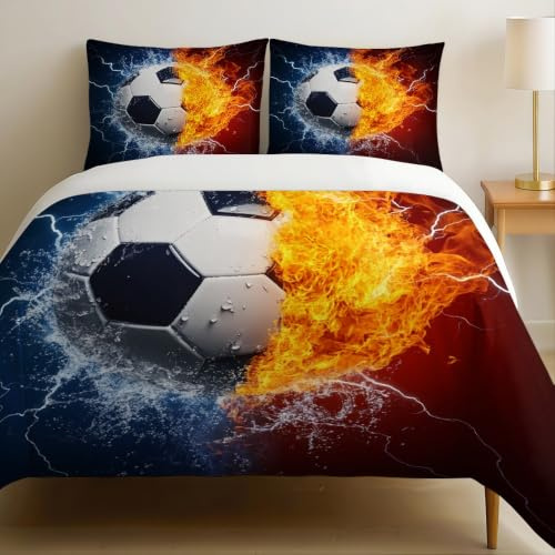 Copripiumino Matrimoniale 200 x 200 cm Calcio infuocato Set Letto Completo in Microfibra Ipoallergenica, con Cerniera, 2 Federe 50 x 80 cm, Arancia Stampa