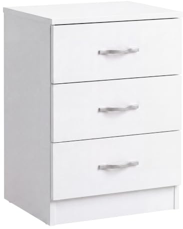 Vida Designs stort vitt sängskåp byrå, 3 lådor med metallhandtag och löpare, unikt stöd för bågande lådor, Riano sovrumsmöbler