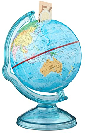 Relaxdays 10021013 Spardose Globus HxBxT: 16,5 x 14 x 14 cm, politische Weltkarte, englische Beschriftung, Weltkugel, bunt, Blau