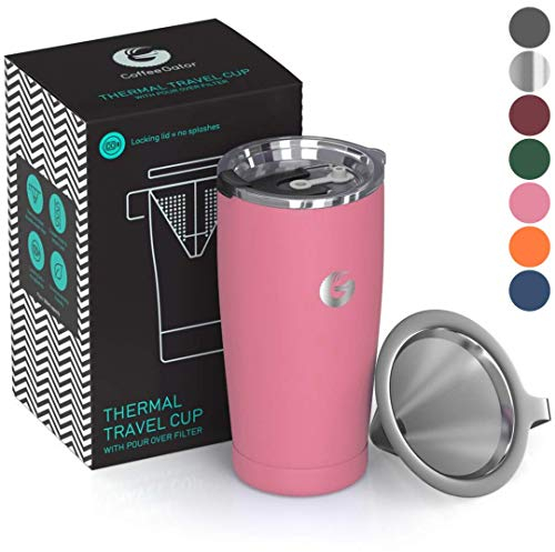 Coffee Gator Insulated Coffee Cup with Paperless Filter, All-in-One Hand Drip Coffee Maker with Filter, Thermal Stainless Steel Travel Cup for Hot Drinks - 585ml / 20oz (Pink)