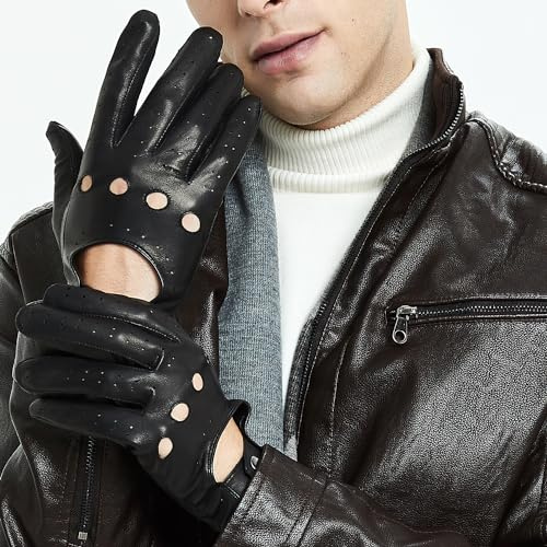 ZLUXURQ Mens Touchscreen Professional Leather Driving Gloves Unlined -Soft and Thin Italian Lambskin Black