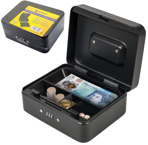 3 Digit Combination Lock Safe Box - Black Petty Cash Tin, Money Keyless DIY Valuables | For Home, Office, Business, Money, Jewellery | Portable Security, With Coin Tray & Multi Compartment | Cash Safe