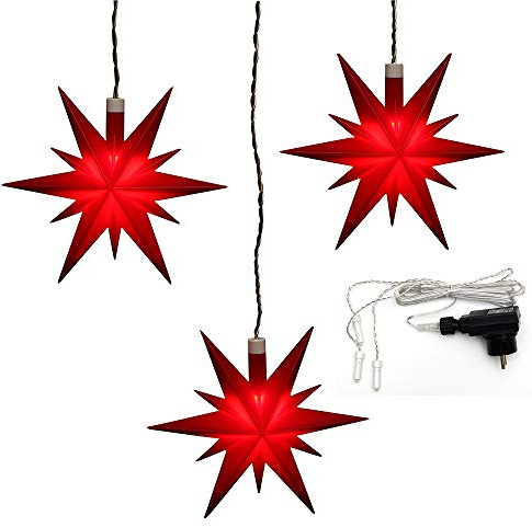 ***3er Set Weihnachtssterne aus Kunststoff in rot, inkl. LED Beleuchtung und Adapter, für Innen und Außen geeignet. Maße je Stern L/B/H: 13,5 x 5,5 x 12 cm.