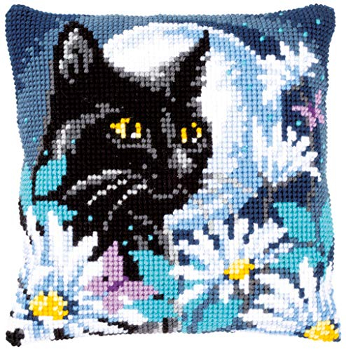 Vervaco Kreuzstich Stickpackungen Kissen Stickerei Set Anfänger Vorgedruckt Katze in der Nacht DIY Set Kreativ Set Für Erwachseneca. 40 x 40 cm Bastelset Handwerker Haus Dekoration