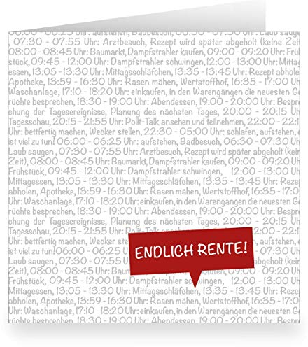 12x Endlich Rente! Ruhestands Glückwunschkarte zum Abschied mit Tagesplan • quadratisch • humorvolles Abschieds Grußkarten Set mit Spruch für Kollegen, Freunden, Familie inkl. Umschläge