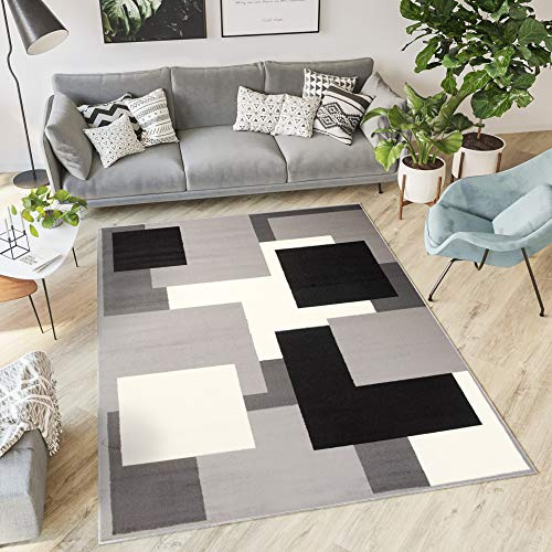 TAPISO Dream Teppich Wohnzimmer Modern Kurzflor Grau Weiß Schwarz Vierecke Karo Schlafzimmer Esszimmer Küche ÖKOTEX 200 x 300 cm