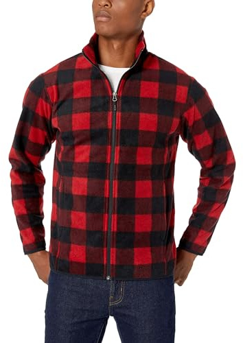 Amazon Essentials Veste Polaire à Fermeture éclair intégrale (Grandes Tailles Disponibles) Homme, Noir Rouge Carreaux Lainés, L