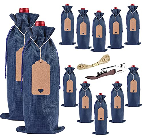 Penubuy Jute-Weinbeutel, Packung mit 12 Weinbeuteln mit Geschenkanhänger/Kordelzug (Blau-5.9 * 13.8in)