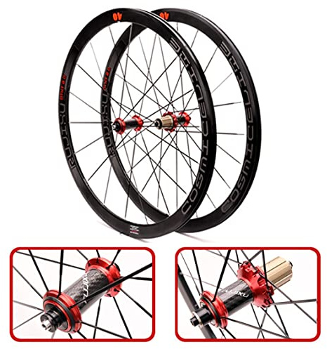 SHKJ 700C Bicycle Front & Rear Wheel 40mm Depth Clincher Carbon Road Bike Wheels Set V/C Brake Rim Sealed Bearing Carbon Fiber Rear Wheel for 8 9 10 11 Speed (Color : Red, Size : 700C)