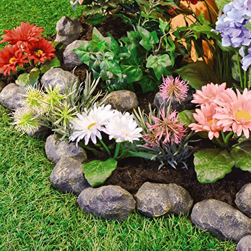 28pc Stone Effect Garden Edging – Easy to Install Hammer-In Polyresin Pebble Rock Border Outdoor Decoration, Perfect for Rockeries, Flower Beds, Ponds or Edging Lawns – Each Stone L8.9 x H5 x W5cm