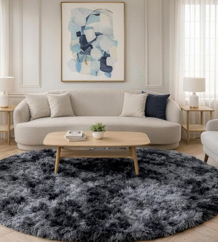 Vofushon Rund matta, med lång lugg, för vardagsrum/sovrum, fluffig och lurvig plyschmatta, sängmatta/utomhusmatta, diameter 120 cm, mörkgrå