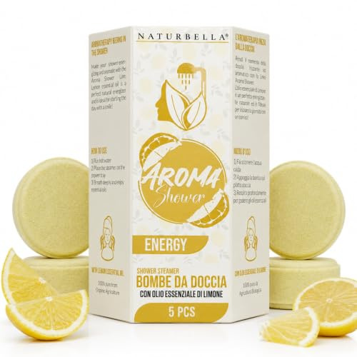 Naturbella 5 Bombe da Doccia Energizzanti Aroma Shower Energy Limone, con Olio Essenziale Biologico di Limone, Shower Bomb Aromaterapia Energizzante, per Doccia Aromaterapica Made in Italy