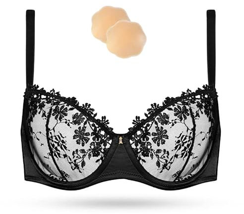 Wingslove Damen Blumen Spitzen BH Floraler Bügel-BH Soft Unlined Bralette Lace Bra Crop Top mit Spitze Mesh(Schwarz,38C/85C)