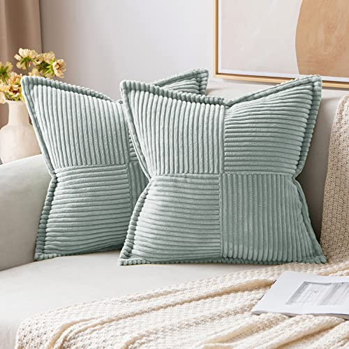 MIULEE 2er Set Kissenbezug 40×40cm Kordsamt Biese Patchwork Grün | Mit Biese und Patchwork Design formstabil farbtreu mit Reißverschluss dekorativ für Sofa Bett Gästezimmer Büro und Terrasse