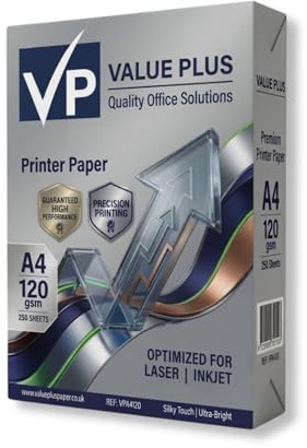 Value Plus 120gsm A4 Printer Paper – 250 Sheets Ultra-Bright White – Heavyweight Smooth Finish for Professional Color Printing – Optimized for Laser, Inkjet & Copiers