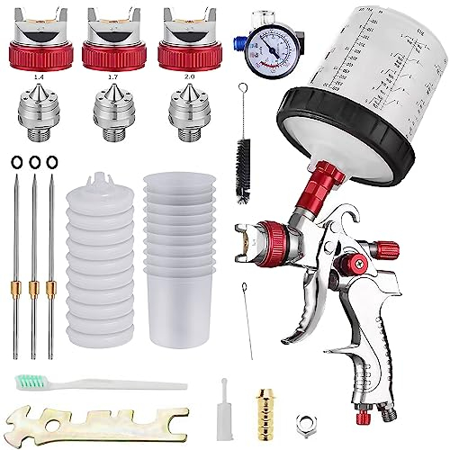 HVLP Pistola Verniciatura Professionale, Pistola a Spruzzo Kit, Pistola per Verniciare a Spruzzo HVLP con 10PCS Tazze per pistola a spruzzo,Aria Alimentazione a gravità Kit Pistola Pneumatica