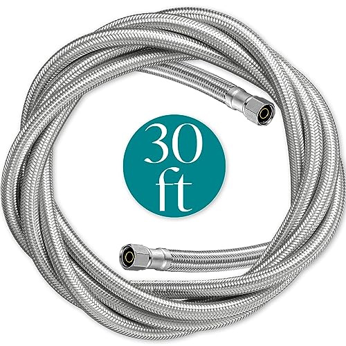 Refrigerator Water Line for Ice Maker Braided - 30' Pex Water Supply Lines Hose for Fridge Outlet Box with 1/4 Comp Fitting