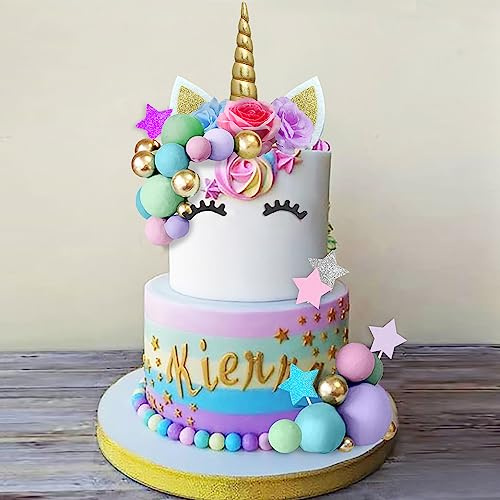 38 PCS Unicorn Cake Topper Unicorn Flower Cake Decorations with Flowers Balls Stars Unicorn Happy Birthday Cake Decorations (Flower)