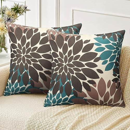 Velvhom Funda de Cojín 2 Piezas Fundas de Almohada Cuadrada Lino Marrón y Verde Azulado Flores de Dalia Moderno para Sofá Silla Cama Sala de Estar Dormitorio Salon Hogar Habitación 45x45cm