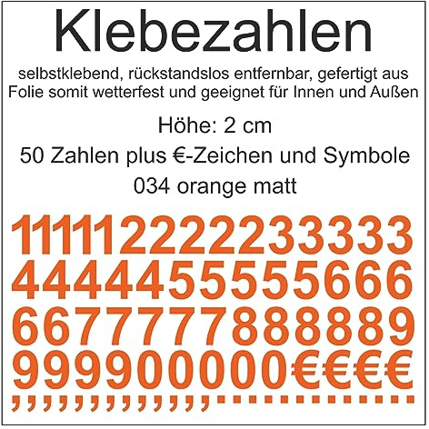 Aufkleber Sticker Klebezahlen Klebezahl Zahlen Zahl Nummern aus Folie 50 Zahlen orange matt Höhe 2 cm selbstklebend wetterfest Nummerierung Preisauszeichnung Beschriftung Modellbau verzieren