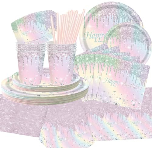 DUGEHO Rainbow Birthday Party Tableware Paper Plates Kids Birthday Set Including Tablecloth Plates Cups Napkins for Baby Shower Birthday Wedding Party (20 Guests)