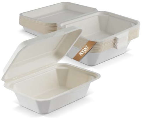 FOOGO Green 50 umweltfreundliche Takeaway-Boxen, 18x12,7 cm, 600 ml, Hergestellt aus natürlichem Zuckerrohrmark, Einweg-Lebensmittelbehälter, biologisch abbaubar & kompostierbar zu Hause