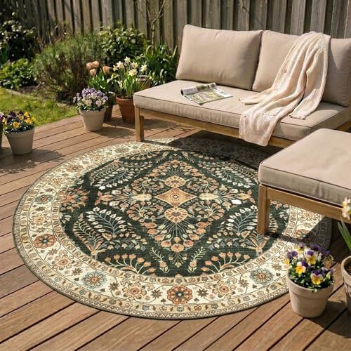 Vintage Gartenteppich Rund - Santo Flora Dunkelgrün - Ø 120 cm | Wetterfest - Synthetik, Polyester - Balkon, Garten / Terrasse - Terrasse teppich - Outdoor rug