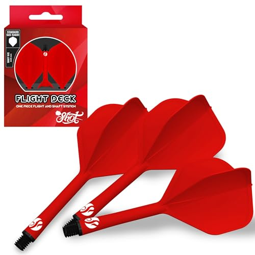 Shot! Darts | Flight Deck | Einteiliges Dartflight- und Schaftsystem | Reduzierte Ablenkungen | Standardförmiges Flight | 350 Mikron | Erhältlich im 3er-Set | Rot| Zwischen