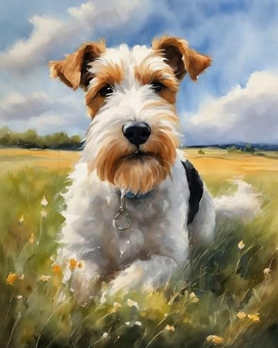 ZMHZMY Malen nach Zahlen Draht-Foxterrier-Hund auf Gras Painting by Numbers Kit DIY ölgemälde Kit für Erwachsene,Anfänger Painting Set 16x20 Zoll Leinwanddruck Wandkunst Dekoration