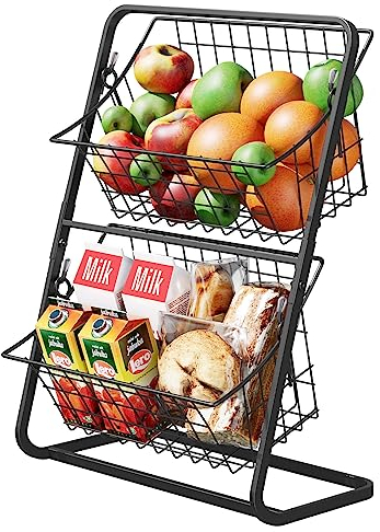 Gemsaya 2 Etagen Obstkorb Etagere Gemüseregal, 28 x 15 x 37 cm Ständer Snacks Brot Organizer, Schwarz Gewürzflaschen Brotkörbe, Aufbewahrungskörbe für Küche, Wohnzimmer, Badezimmer