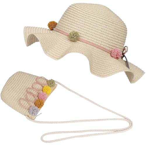 Strohhut Und Kleine Tasche Set,Mädchen Kinder Sommer Sonnenhut,Farbiger Wollknäuel Dekoration Sonnenhut,Strandhut Outdoor Aktivitäten Für Den Tourismus Urlaub Reise Strand Outdoor Aktivitäten,Beige