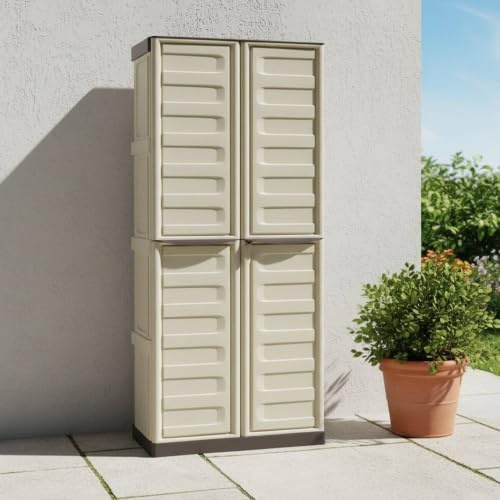Dmora - Avelgem Outdoor-Garderobe, Mehrzweck-Balkongarderobe, 2-türiger Besenschrank, 100% Made in Italy, 70 x 47 x 178 cm, Beige und Braun, gestreifte Oberfläche