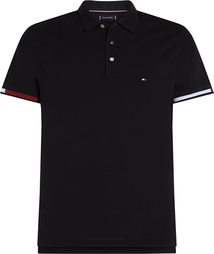 Tommy Hilfiger Herren Poloshirt Kurzarm Flag Cuff Slim Fit, Schwarz (Black), L