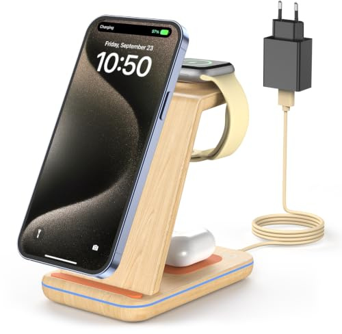 JoyGeek 3 in 1 Kabelloses Ladegerät, Wireless Charger für i Phone 17/16/15/14/13/12/11/X, Induktive Handy Ladestation für iWatch 11/10/9/Ultra/SE/8/7/6/5/4, für AirPods 4/2/3/Pro, Bamboo