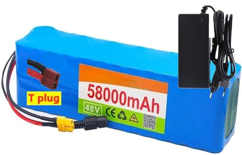 48V 58AH Fahrrad Li-Ionen-Akkupack wasserdichte PVC-Batterie Wiederaufladbare Batterie Austauschbare Batterie Für Ebike Scooter, BMS +XT60/T Plug + Ladegerät T Plug,48V 58Ah