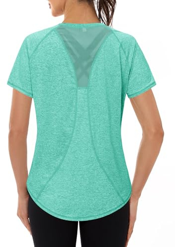 Gyabnw Tee Shirt Sport Femme Anti UV Haut de Fitness Élastique Col Rond Manche Courte Tee-Shirt Respirant Séchage Rapide UPF 50 Plus pour Yoga Course à Pied et Gym