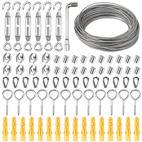 35m Garden Pergola Kit, Heavy Duty Picture Hanging Fencing, 77pcs Wire Rope Kit, Stainless Steel Cable Railing Metal Rope Clamps Sleeves Hooks Turnbuckle Wire Tensioner Trellis For Climbing Plants