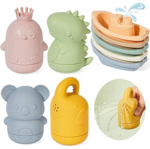 GINNO Baby Badespielzeug, 9 Stück Badewannenspielzeug Baby Silikon Wasserspielzeug Baby mit Spritztiere Boote Schwimmbad Spielzeug Badewanne für Kleinkinder
