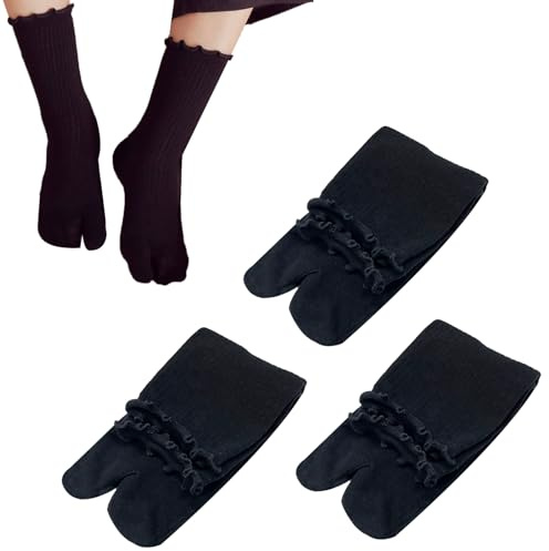 SUNTRADE 3 Pairs Tabi Split Toe Japanese Socks Frilly Cotton Tabi Sandal Socks for Women (US, Alpha, One Size, Regular, Regular, Black)