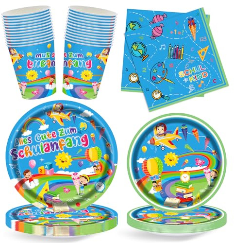 96 Stück Einschulung Partygeschirr Set für 24 Personen | Schulanfang Deko mit Pappteller, Becher, Servietten für Schulkind Junge Mädchen, Bunte Tischdeko Einschulung zum Schulstart