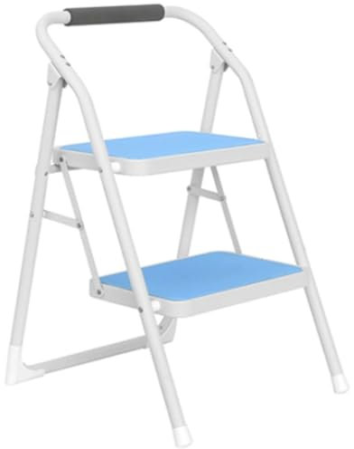 Sgabello pieghevole a 2 gradini con braccioli, sedia a scala leggera per cucina e casa, sgabello portatile, soluzione di archiviazione compatta, colore blu